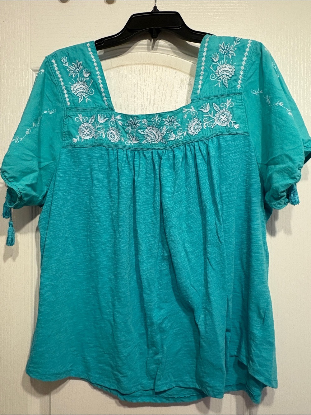 Embroidered Square Neck Teal Women’s Top